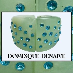 Vtg DOMINQUE DENAIVE France Jade Resin Blue Rhinestones Hinged Bracelet Cuff